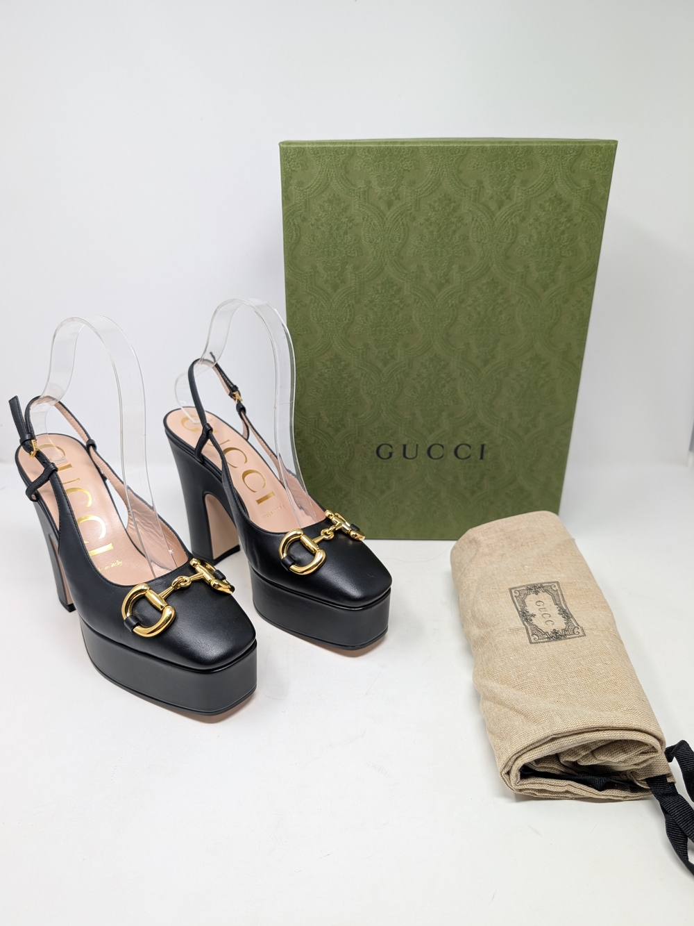 NIB NEW Gucci Baby Platform Horsebit Slingback Pumps Charlotte Black Size 36.5